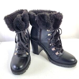 Guess Leather Ankle Boots Size 10 Black Faux Fur Combat Booties Lug Sole Chunky